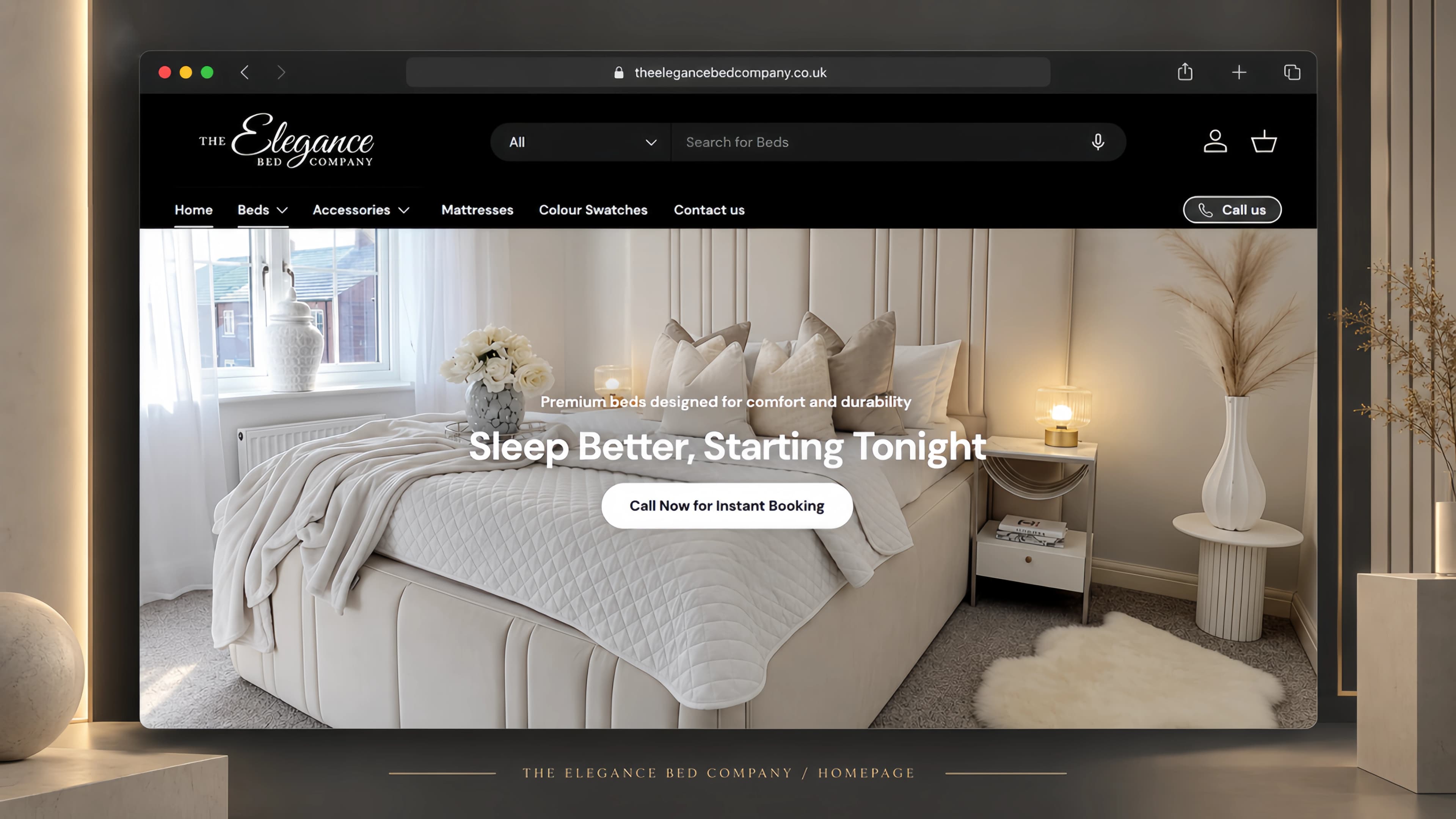 The Elegance Bed Company Shopify storefront shown on a laptop